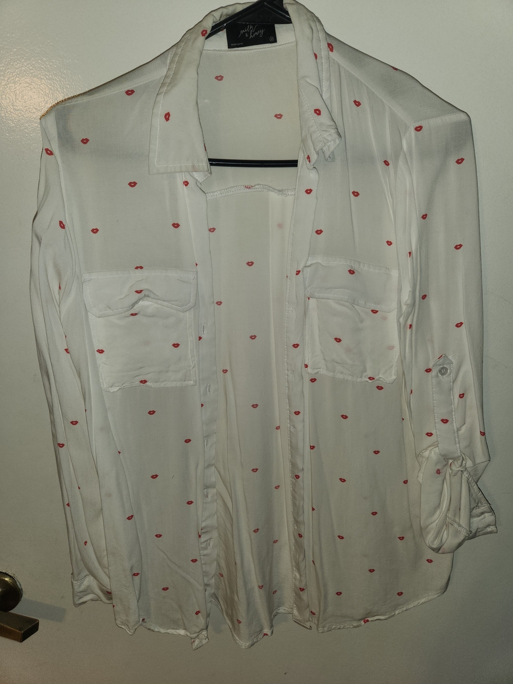 White Button-Front Blouse with Red Lip Print - Women's Top